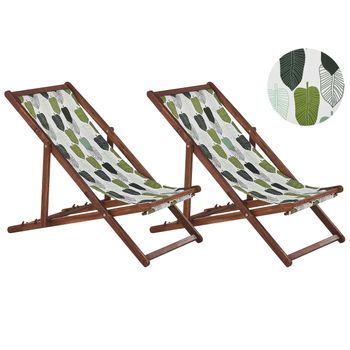 Conjunto De 2 Tumbonas De Jardín De Madera De Acacia Oscura Verde Blanco Floral Reclinable Plegable Anzio - Verde