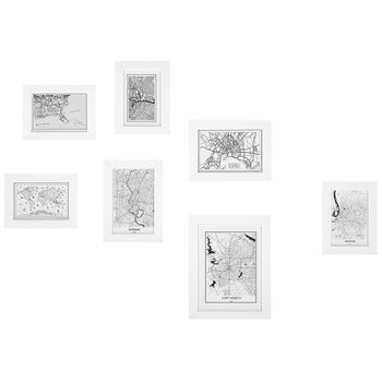 Conjunto De 7 Marcos De Mdf Blanco Mapas Imágenes Varios Tamaños Ganchos Galería Retro Denkoro - Blanco