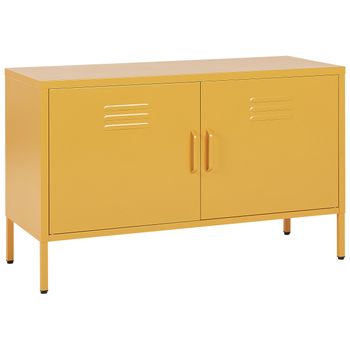 Aparador De Metal Amarillo 100 X 40 Cm 2 Puertas Estantes Protectores Patas Uria - Amarillo