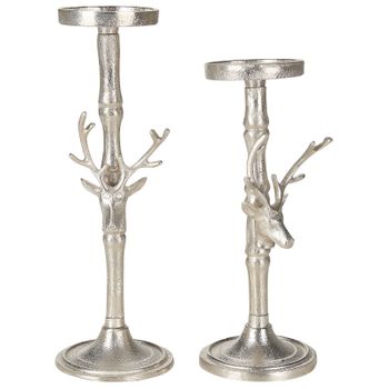 Conjunto De 2 Candeleros De Metal Plateado Hecho A Mano Cabezas De Ciervo Glamour Comedor Dormitorio Tikal - Plateado