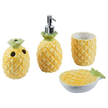 Conjunto De Accesorios De Baño De Dolomita Amarillo Dispensador Jabonera Portacepillos Vaso Diseño De Piña Moderno Maicao - Amarillo