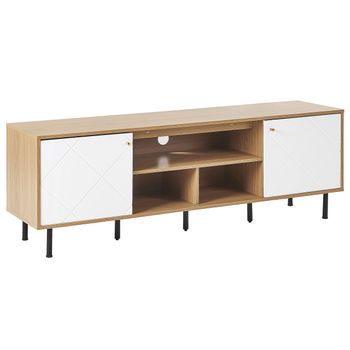 Mueble De Tv Madera De Aglomerado Clara Blanco Metal 160 X 56 X 40 Cm Patas Negras 2 Puertas 3 Baldas Escandinavo Moderno Sala De Estar Palmer - Madera Clara