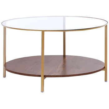 Mesa De Centro De Vidrio Templado Dorado Madera Oscura Metal Aglomerado ⌀ 80 Cm Glamour Moderno Sala De Estar Libby - Dorado