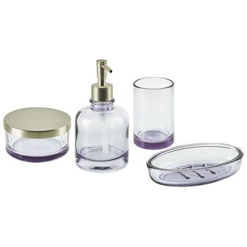 Conjunto De 4 Accesorios De Baño De Vidrio Violeta Plateado Dispensador Jabonera Portacepillos Recipiente Glamour Telma - Violeta