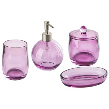 Conjunto De 4 Accesorios De Baño De Vidrio Violeta Dispensador Jabonera Portacepillos Tarro Glamour Roana - Violeta