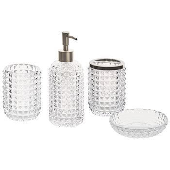 Conjunto De 4 Accesorios De Baño De Vidrio Transparente Dispensador Jabonera Portacepillos Vaso Glamour Tapia - Transparente