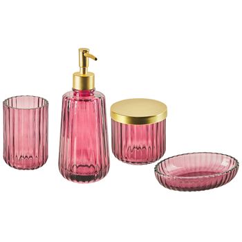 Conjunto De 4 Accesorios De Baño De Vidrio Rosa Dispensador Jabonera Portacepillos Tarro Glamour Cardena - Rosa