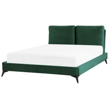 Cama Con Somier De Terciopelo Verde Esmeralda Negro 140 X 200 Cm Listones Melle - Verde