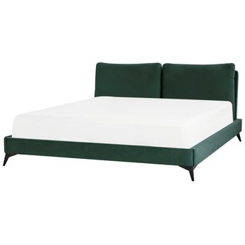 Cama Con Somier De Terciopelo Verde Esmeralda Negro 180 X 200 Cm Listones Melle - Verde