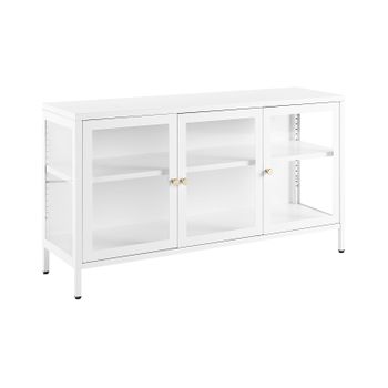 Aparador De Metal Blanco 115 X 35 Cm 3 Puertas Vidrio Templado Estantes Newport - Blanco