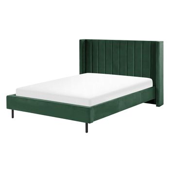 Cama Con Somier De Terciopelo Verde Oscuro 140 X 200 Cm Listones Moderno Villette - Verde