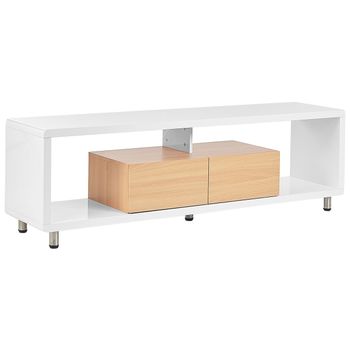 Mueble Tv Blanco Madera Clara 159 X 39 Cm Mdf 2 Estantes Abiertos 2 Cajones Knox - Madera Clara