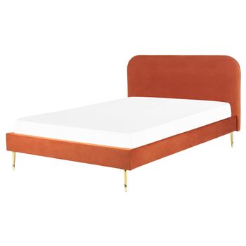 Cama Con Somier De Terciopelo Naranja Dorado 160 X 200 Cm Patas De Metal Flayat - Naranja