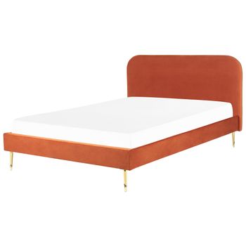 Cama Con Somier De Terciopelo Naranja Dorado 180 X 200 Cm Patas De Metal Flayat - Naranja