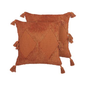 Conjunto De 2 Cojines De Algodón Naranja 45 X 45 Cm Geométrico Borlas Relleno Avium - Naranja