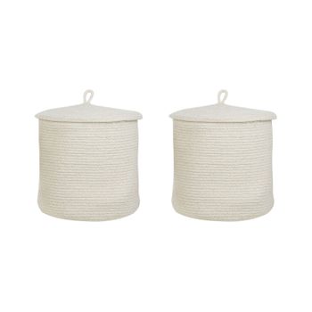 Conjunto De 2 Cestas De Algodón Blanco Crema 32 Cm A Rayas Tapa Accesorio Silopi - Blanco