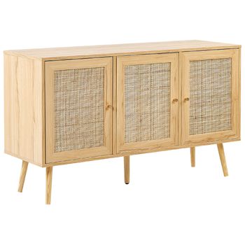 Aparador De Ratán Madera Clara Dorado 120 X 40 Cm 3 Puertas Cajones Boho Perote - Madera Clara