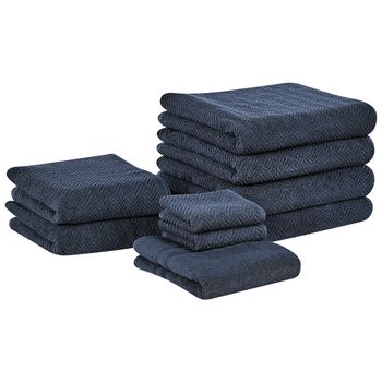 Conjunto De 9 Toallas De Algodón Azul Oscuro Chevron Textura Suave Baño Mitiaro - Azul