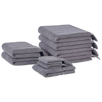 Conjunto De 9 Toallas De Algodón Gris Rizo Textura Borlas Decorativas Baño Atiu - Gris