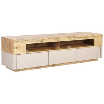 Mueble Tv Madera Clara Beige 160 X 40 Cm Mdf 3 Cajones Orificio Cables Antonio - Madera Clara