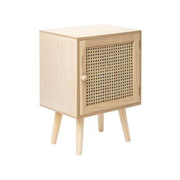 Mesa De Noche Madera Clara 38 X 30 Cm Mdf Cajón Frontal Ratán Boho Almo - Madera Clara