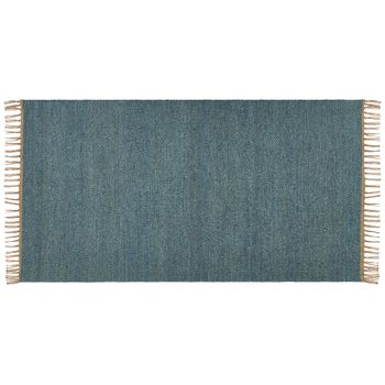 Alfombra De Yute Azul Turquesa Marrón 80 X 150 Cm Hecho A Mano Borlas Lunia - Azul