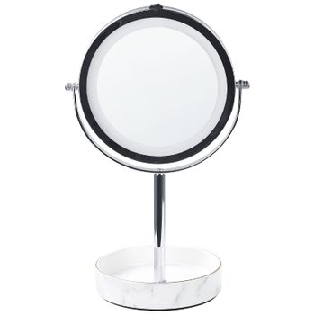 Espejo De Maquillaje Led De Metal Vidrio Plateado Blanco 26 Cm Doble Cara Savoie - Plateado