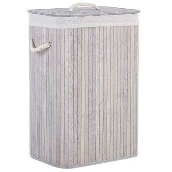 Cesta De Madera De Bambú Gris Claro Blanco Crema 60 Cm Tapa Extraíble Komari - Gris