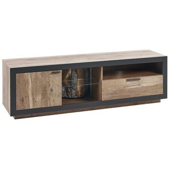 Mueble Tv Led Madera Clara Negro 160 X 42 Cm Cajón Armario Estante Marana - Madera Clara