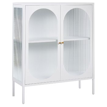 Aparador De Metal Blanco Dorado 90 X 35 Cm 2 Puertas Cristal Frontal Lateral Sarre - Blanco