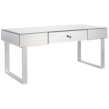 Mesa De Centro De Vidrio Plateado 110 X 47 Cm Cajón Espejado Pomo Glamour Nesle - Plateado