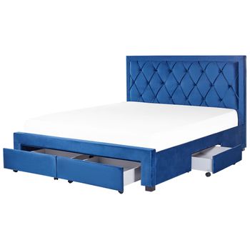 Cama Con Almacenaje De Terciopelo Azul Marino 180 X 200 Cm Cajones Cabecero Alto Capitoné Glamuroso Lievin - Azul