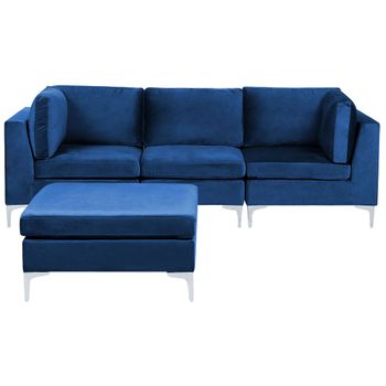 Sofá 3 Plazas De Terciopelo Azul Marino Con Reposapiés Asiento Patas Metal Glamour Evja - Azul