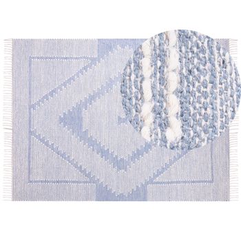 Alfombra De Algodón Azul Blanco Crema 160 X 230 Cm Geométrico Tribal Borlas Ansar - Azul