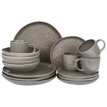 Conjunto De 16 Piezas De Gres Gris Vajilla 4 Personas A Mano Esmalte Costmary - Gris