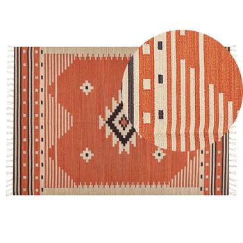 Alfombra Kilim De Algodón Naranja Beige Marrón 140 X 200 Cm Geométrico Borlas Gavar - Naranja