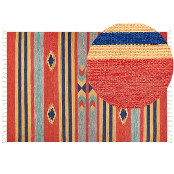 Alfombra Kilim De Algodón Azul Rojo Naranja 200 X 300 Cm A Mano Geométrico Borlas Hatis - Multicolor