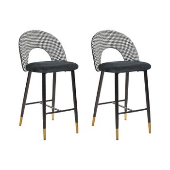 Conjunto De 2 Sillas De Bar De Terciopelo Negro Blanco Dorado Metal Retro Comedor Falton - Negro