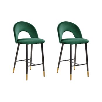 Conjunto De 2 Sillas De Bar De Terciopelo Verde Esmeralda Negro Dorado Metal Retro Comedor Falton - Verde