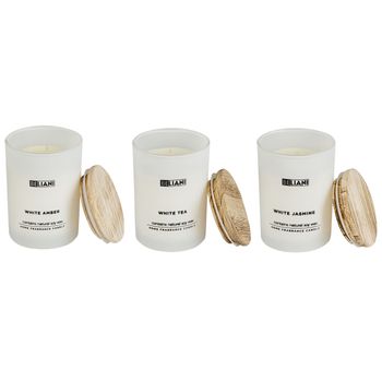 Conjunto De 3 Velas Aromáticas 100% Cera De Soja Mecha De Algodón Vidrio Blanco Fragancia Ámbar Blanco/té Blanco/jazmín Blanco Vidrio Clásico Simplicity - Blanco