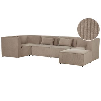 Sofá Esquinero Modular De Pana 5 Plazas Moderno Con Otomana Cojín Derecho Gris Pardo Lemvig - Beige