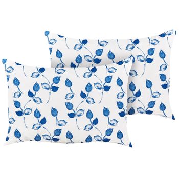 Conjunto De 2 Cojines De Jardín Almohada De Exterior 40 X 60 Cm Poliéster Motivo Hojas Blanco Y Azul Torbora - Blanco