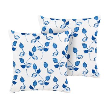 Conjunto De 2 Cojines De Jardín Almohada De Exterior 45 X 45 Cm Poliéster Motivo Hojas Blanco Y Azul Torbora - Blanco