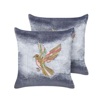 Conjunto De 2 Cojines Almohada Decorativa De Terciopelo Bordada A Mano Con Pájaro Cuadrado 45 X 45 Cm Gris Ruellia - Gris