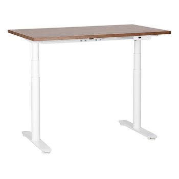 Escritorio De Altura Regulable Eléctrico Diseño Moderno Patas Redondas 120 X 72 Cm Tablero Madera Oscura Soporte De Acero Blanco Destinas - Madera Oscura