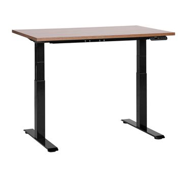 Escritorio De Altura Regulable Eléctrico Oficina Moderna Patas Cuadradas 120 X 72 Cm Tablero Madera Oscura Soporte De Acero Negro Destines - Madera Oscura