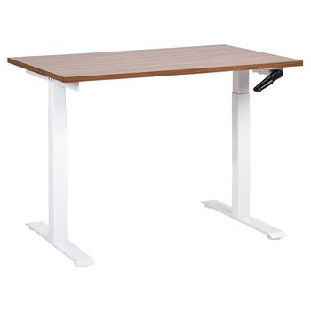 Escritorio De Altura Regulable Manualmente Oficina Moderna Patas Cuadradas 120 X 72 Cm Tablero Madera Oscura Soporte De Acero Blanco Destines - Madera Oscura