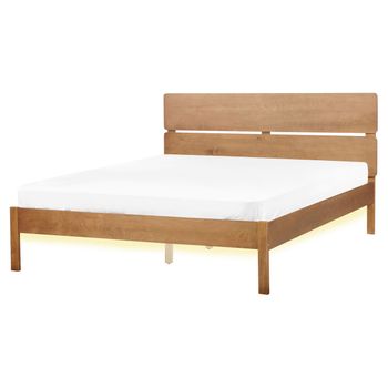 Cama Led Con Somier De Listones De Madera Clara De Caucho Con Cabecero Estilo Rústico Minimalista 160 X 200 Cm Boisset - Madera Clara