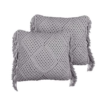 Conjunto De 2 Cojines De Algodón Con Relleno Macramé Patrón Boho Retro Flecos 45 X 45 Cm Gris Besham - Gris