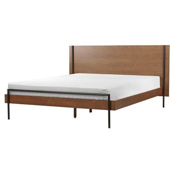 Cama Con Somier De Madera Oscura Cabecero Patas De Metal 160 X 200 Cm Libermont - Madera Oscura